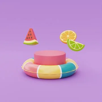 Colorful inflatable ring and display with watermelon,orange,lemon floating on Illustrazione stock