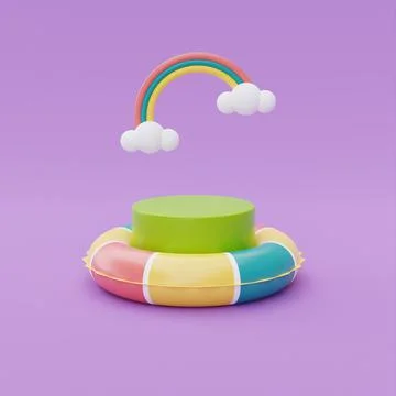 Colorful inflatable ring and display with rainbow floating on purple backgrou Stock Illustration