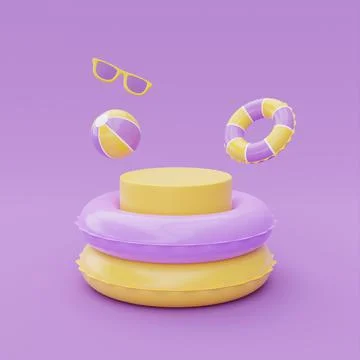 Colorful inflatable ring and display with summer beach elements floating on p Stock Illustration