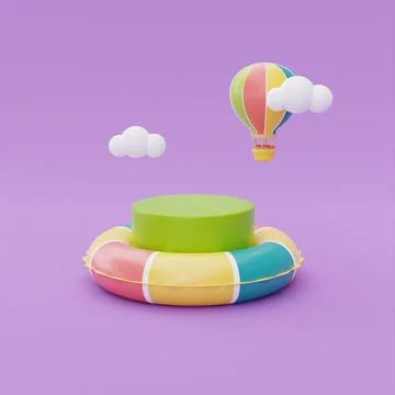 Colorful inflatable ring and display with colorful hot air ballon floating on Stock Illustration