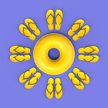 Colorful inflatable ring and flip flops like sun on blue background Stock Illustration