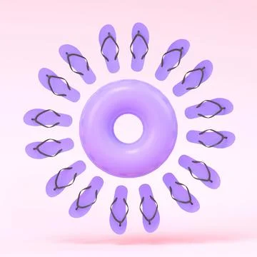 Colorful inflatable ring and flip flops like sun on pink background Stock Illustration