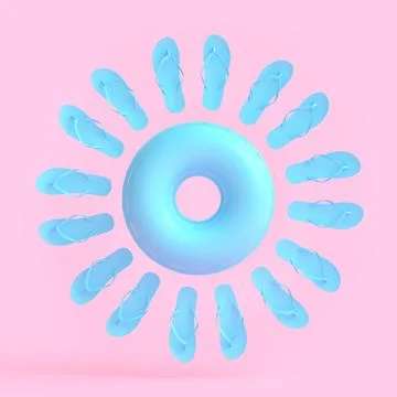Colorful inflatable ring and flip flops like sun on monochrome background Stock Illustration