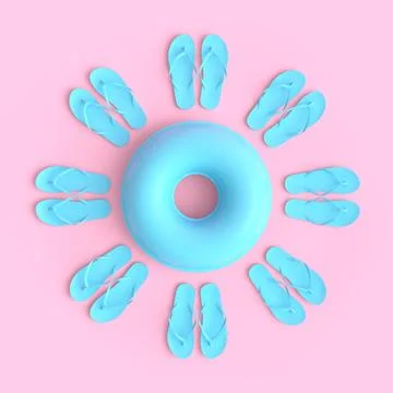 Colorful inflatable ring and flip flops like sun on monochrome background Stockillustratie