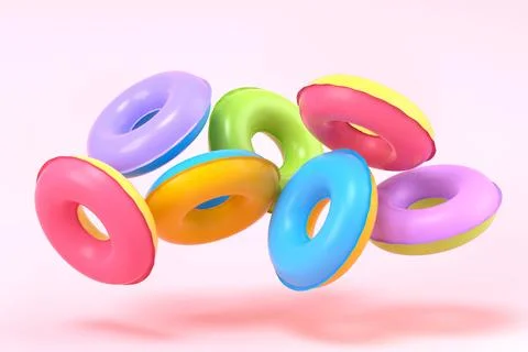 Colorful inflatable ring flying on pink background, 3D render of summer vac.. イラスト素材