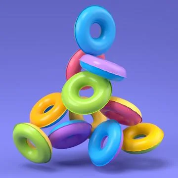 Colorful inflatable ring flying on violet background, 3D render summer vacati Illustrazione stock