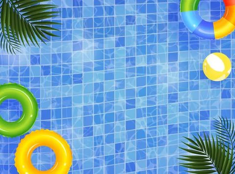Colorful inflatable rings and beach ball floating on swimming pool water surface Stock Illustration