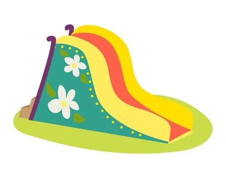 Colorful inflatable slide with floral pattern on grass. Bright yellow, red, and Stock Illustration