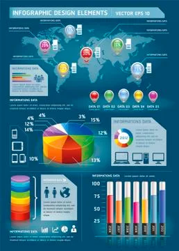 Colorful Infographic Elements with World map and Information Graphics. Vector Stock Illustration