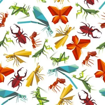 Colorful insects seamless pattern in origami style Illustrazione stock