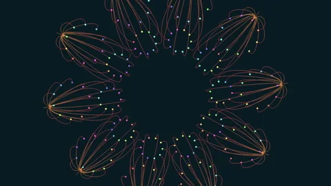 Colorful interconnected lines form striking circular pattern on dark background Stock Footage 297604477