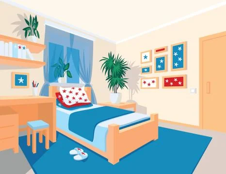 Colorful interior of bedroom in flat cartoon style. Stock Illustration