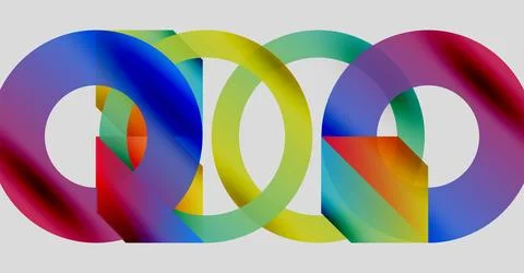 Colorful interlocking rings create abstract design. Gradient hues blend, forming イラスト素材