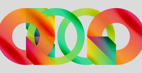 Colorful interlocking rings create abstract design. Gradient hues blend, forming Stock Illustration