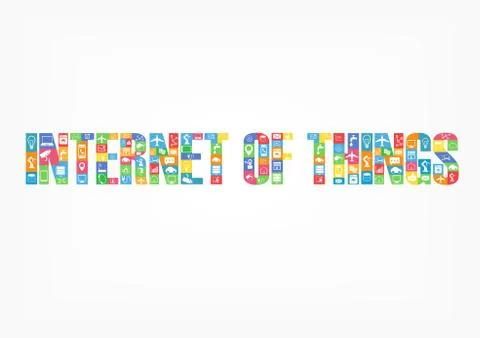 Colorful internet of things characters spelling word with icons Stock Illustration