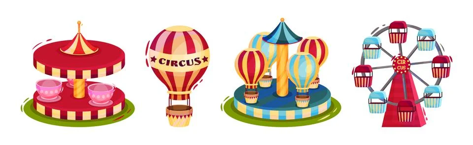 Colorful ircus Objects with Carousel and Attraction Vector Set 스톡 일러스트