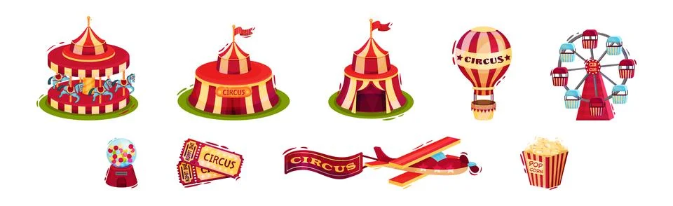 Colorful ircus Objects with Carousel, Marquee, Hot Air Balloon, Ferris Wheel Ilustração Stock