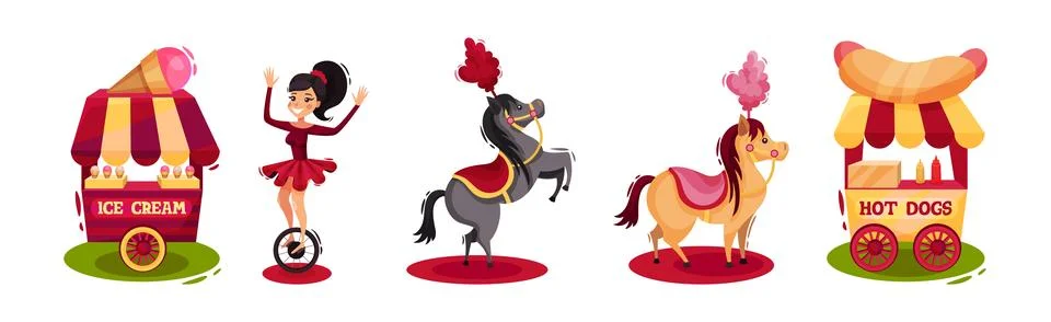 Colorful ircus Objects with Ice Cream, Woman Acrobat, Horse and Hot Dog Stall Ilustração Stock