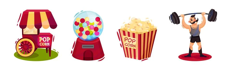 Colorful ircus Objects with Strongman, Popcorn Stall and Crystal Ball Vector Set Ilustração Stock