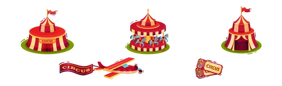 Colorful ircus Objects with Tent, Carousel, Tickets and Plane Vector Set Illustrazione stock