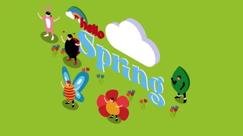 Colorful Isometric Spring Celebration with Costumed Characters 3d animation.. Stock Footage 302528162