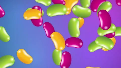 Colorful Jelly Beans Falling Against a Vibrant Purple and Blue Mesh Background Stock Footage 345800486
