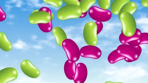 Colorful Jelly Beans Falling Through a Bright Blue Sky with Clouds Stock Footage 344518601