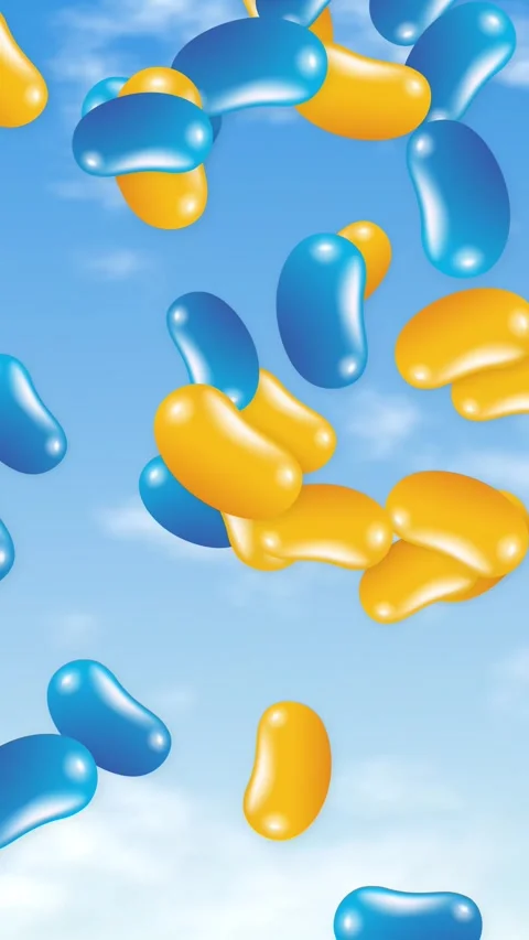 Colorful Jelly Beans Falling Through Blue Sky With Clouds Stock Footage 344518940