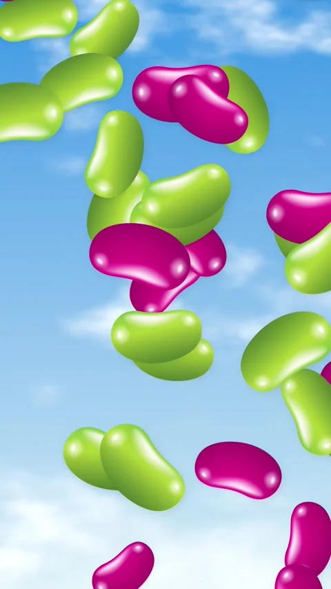 Colorful Jelly Beans Falling Through Blue Sky with Clouds Stock Footage 345800468