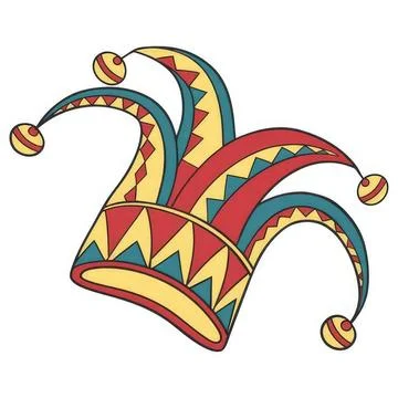Colorful jester hat with bells and geometric patterns Stock Illustration