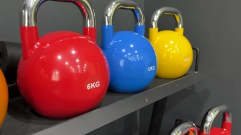 Colorful Kettlebells Display Stock Footage 313656754