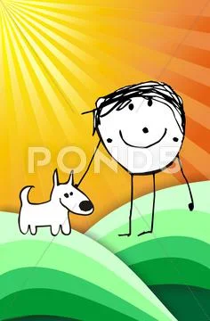 Colorful kid with his dog illustration Stock Illustration