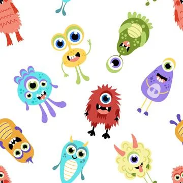 Colorful kind monster seamless pattern. Multicolored monsters. Flat, cartoon Stock Illustration