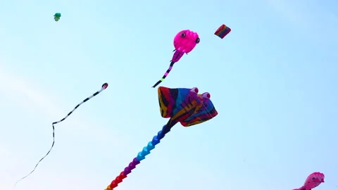Colorful kite gracefully soaring through the air during a picturesque sunset Stock Footage 237701121