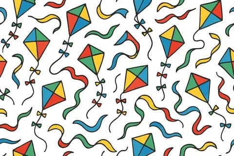 Colorful kite pattern with wavy ribbons on white background Stock Illustration