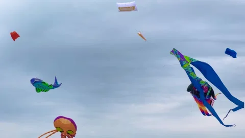 Colorful kites are flying in the cloudy sky during summer outdoor festival Stock Footage 335049308