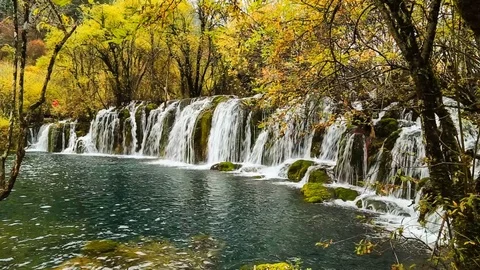 Colorful Lake, Waterfall, Forest, Mountains At Jiuzhaigou In China 库存影片 72151753