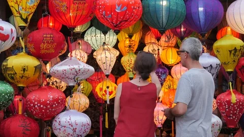 Colorful lantern shop ,Hoi An,Vietnam Stock Footage