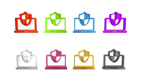 Colorful Laptop protected with shield icon isolated on white background. PC.. Stock Illustration