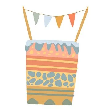 Colorful layered cake with geometric patterns and decorative flags 스톡 일러스트