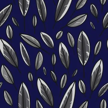 Colorful leaf pattern isolated on blue background. Seamless feather pattern. Stock Illustration