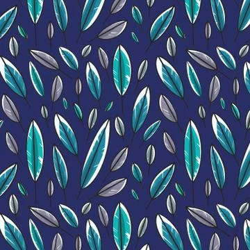 Colorful leaf pattern isolated on blue background. Seamless feather pattern Stock Illustration