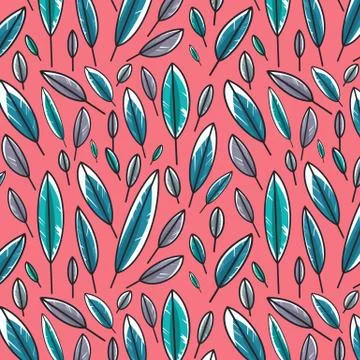 Colorful leaf pattern isolated on pink background. Seamless feather pattern. Stock Illustration