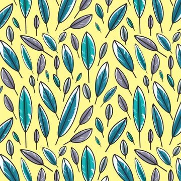 Colorful leaf pattern isolated on yellow background. Seamless feather pattern. Stock Illustration