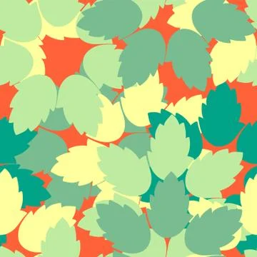 Colorful leaves in green and yellow random on red background. Seamless patter Stock Illustration
