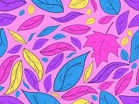 Colorful leaves seamless pattern. Yellow, blue and purple leaves. Falling lea Stock Illustration