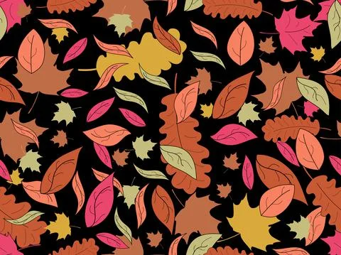 Colorful leaves with stroke seamless pattern. Autumn leaf fall, leaf fall. Oa Stock Illustration
