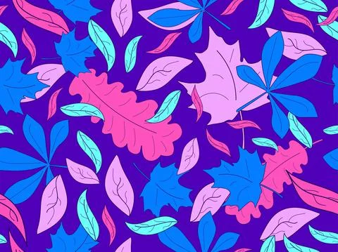 Colorful leaves with stroke seamless pattern. Autumn leaf fall, leaf fall. Oa Stock Illustration