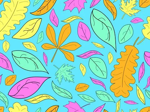 Colorful leaves with stroke seamless pattern. Autumn falling leaves, leaf fal Illustrazione stock
