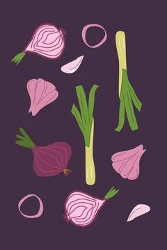 Colorful leeks and onions pattern on dark background Stock Illustration